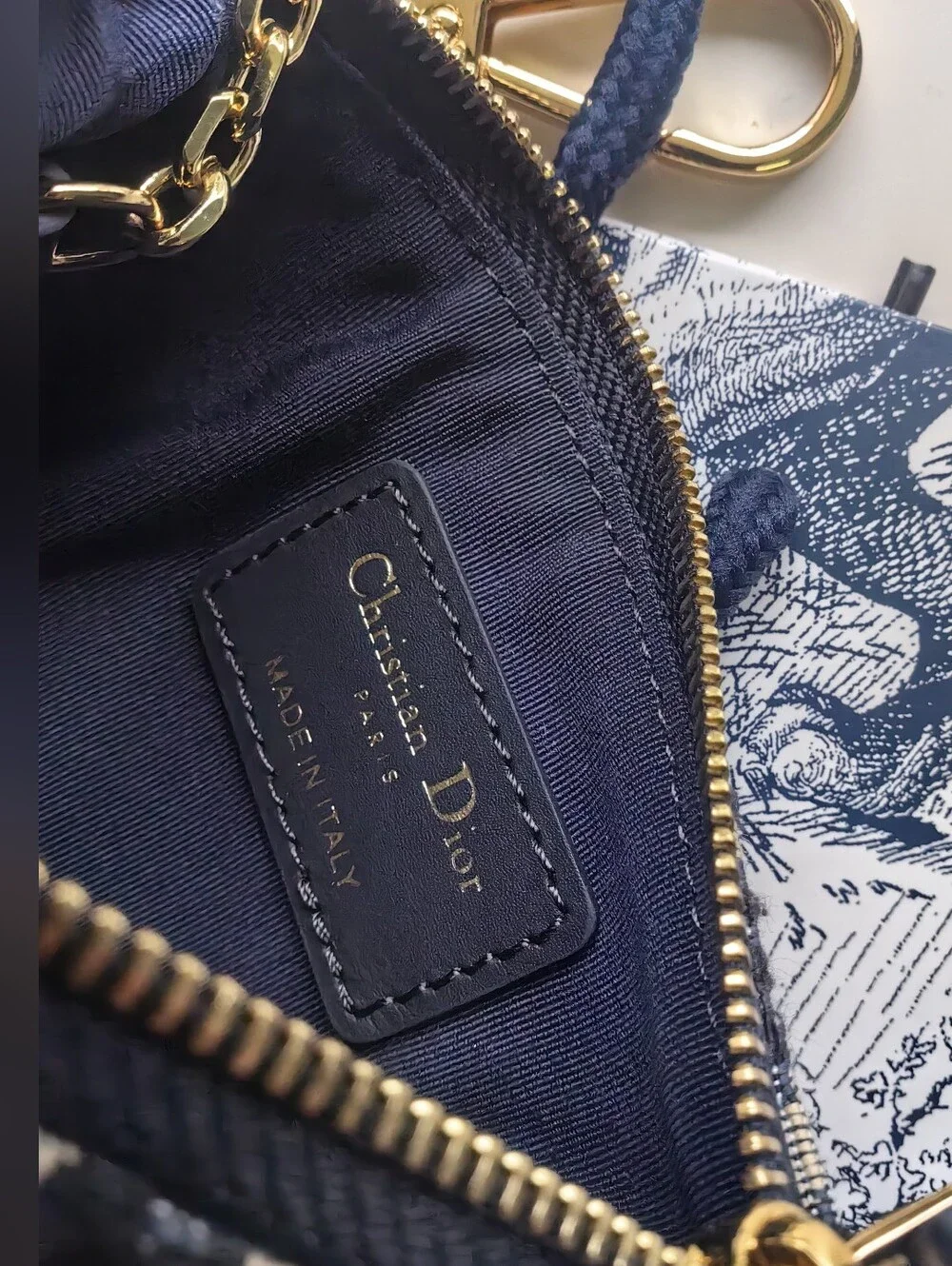 Dior Navy and Beige Oblique Canvas Key Pouch with Gold Hardware